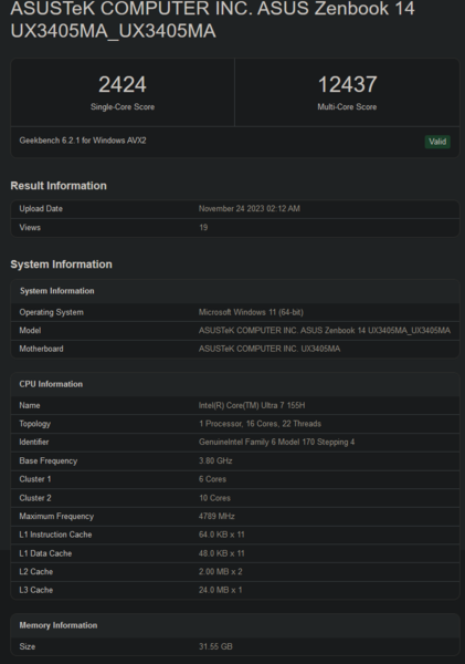 Punteggio Geekbench di Intel Core Ultra 7 155H (immagine via Geekbench)