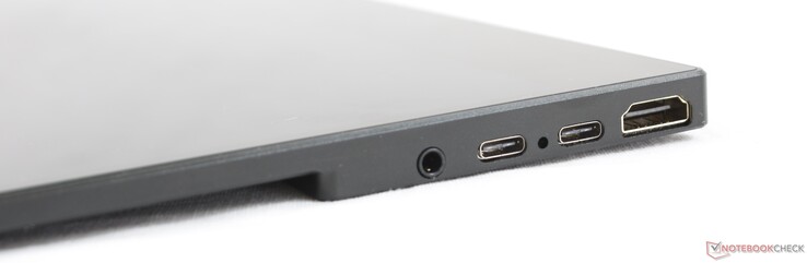 A sinistra: jack cuffie da 3.5 mm (no mic), USB Type-C (dati), USB Type-C (alimentazione), HDMI-in