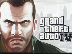 Un'immagine ravvicinata di Niko Belić insieme al logo di GTA IV (fonte: Rockstar Games)