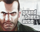 Un'immagine ravvicinata di Niko Belić insieme al logo di GTA IV (fonte: Rockstar Games)