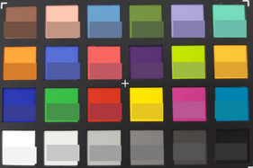 Scatto di X-Rite ColorChecker Passport. I colori originali vengono mostrati nella parte sottostante di ogni casella.