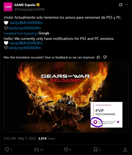 Game Espana Gears of War: Reloaded X post (Fonte immagine: screenshot, account Game Espana X)