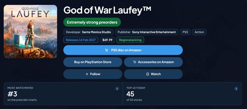 Mostrata la posizione in classifica dei preordini di God of War Laufey sul PlayStation Store