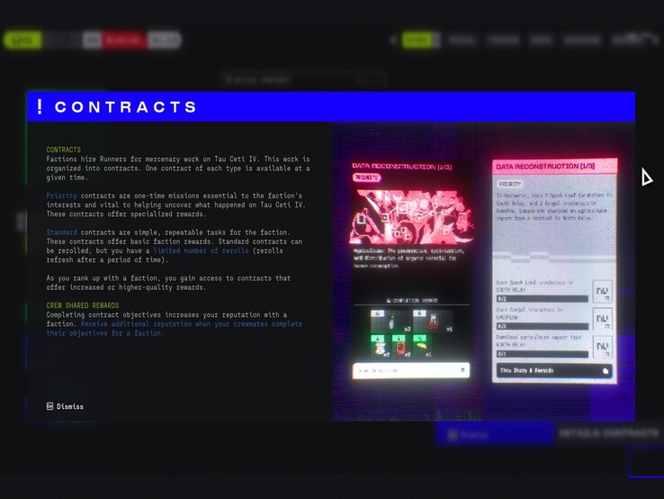 La schermata dei contratti di Marathon illustra la divisione tra lavori prioritari e standard, evidenziando le ricompense della fazione, i reroll e i guadagni di reputazione condivisi dall'equipaggio.