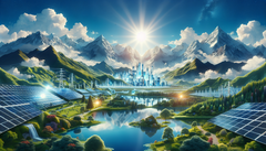 Ecco come l'AI immagina molte celle solari davanti a montagne e acqua - ideali per l'energia solare e il suo stoccaggio. (Fonte immagine: DallE 3)