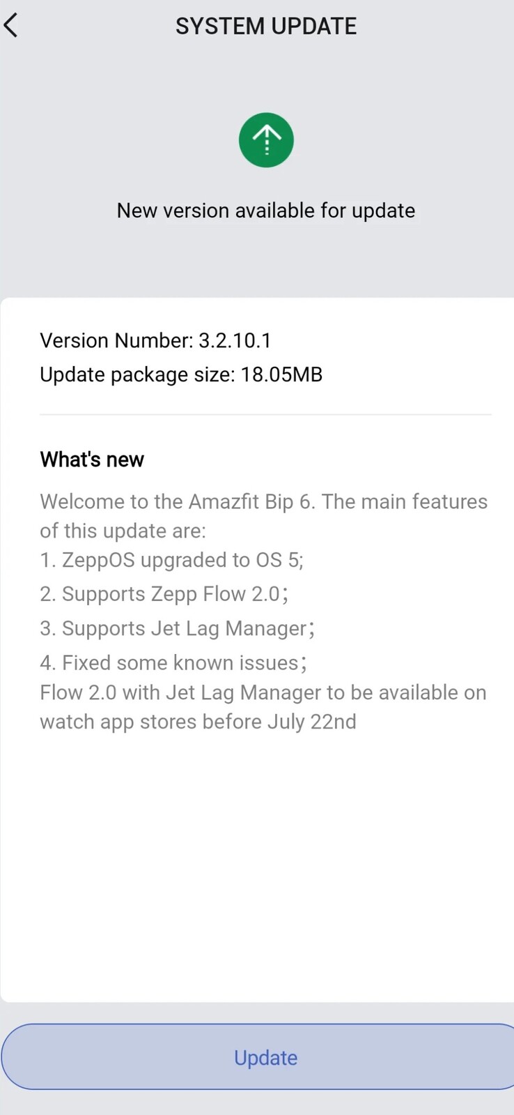 Le note di rilascio per la versione software 3.2.10.1 per lo smartwatch Amazfit Bip 6. (Fonte: Amazfit)