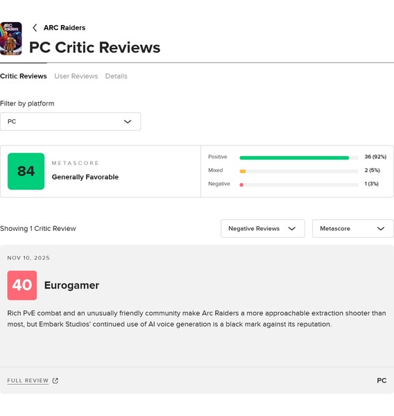 Punteggio medio delle recensioni di Arc Raiders su Metacritic (Fonte: screenshot, Metacritic)