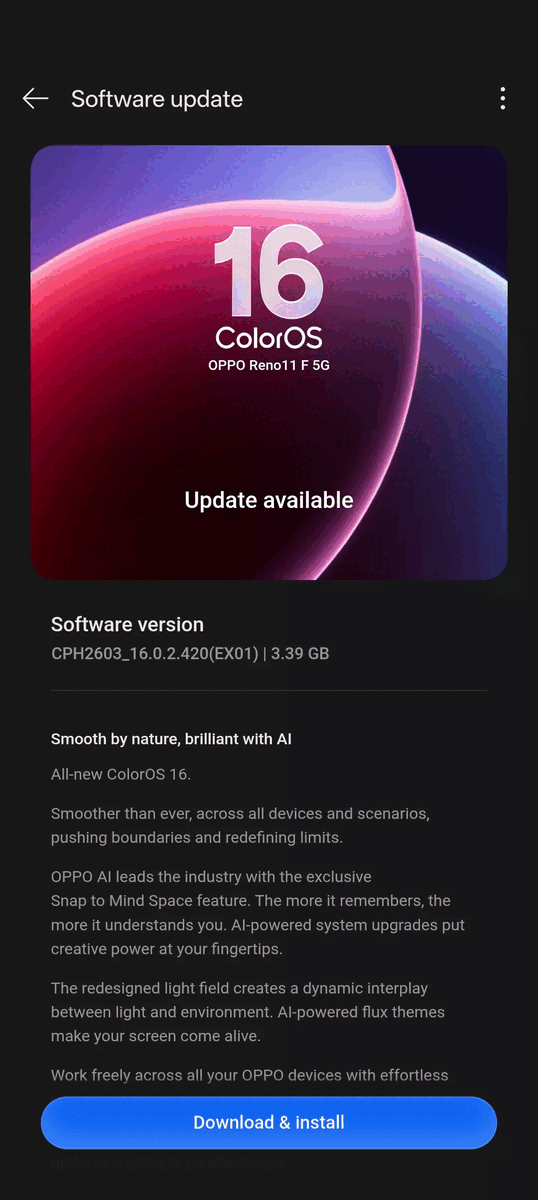 ColorOS 16 OTA su Reno 11 FS 
