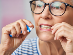 Un&#039;immagine di una donna che passa il filo interdentale. Il filo interdentale potrebbe diventare un nuovo mezzo di vaccinazione (Fonte: Immagine generata dall&#039;AI)