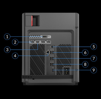 Lato Posteriore: DVI, DisplayPort, HDMI, uscita audio da 3.5, RJ-45, 2x USB 2.0, 2 x USB 3.1 Gen. 2, 2 x USB 3.1 Gen. 1, cavo AC