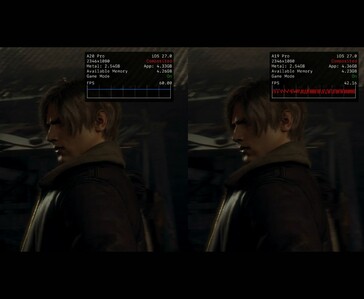 Resident Evil 4 in esecuzione su iPhone 18 Pro Max e iPhone 17 Pro Max, mostrando la differenza di FPS.