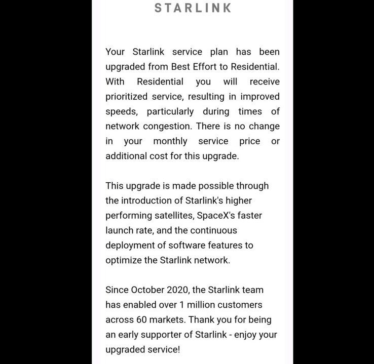 L'e-mail di aggiornamento della velocità del livello residenziale Starlink Best Effort to Residential tier