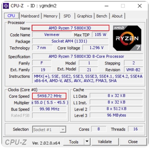 Ryzen 7 5800X3D sbloccato. (Fonte: CPU-Z Validator)