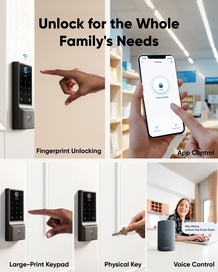 Le nuove serrature intelligenti di eufy potrebbero offrire il riconoscimento del palmo della mano, oltre ad altri modi per sbloccare la porta, come si vede nella Smart Lock E30 (sopra). (Fonte: eufy)