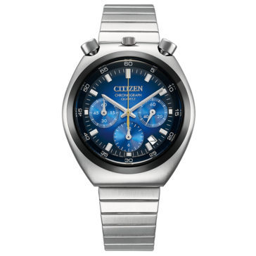 Vista frontale del Citizen Tsuno Chronograph AN3714-68L, con un vivace quadrante blu sfumato.