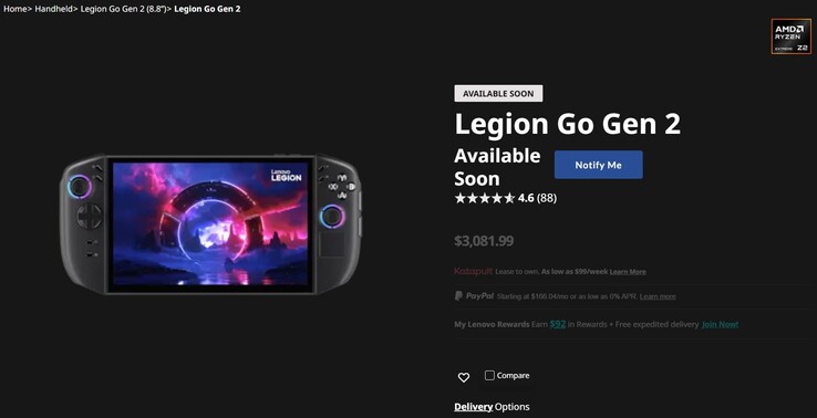 Pagina di Legion Go 2 sul sito web di Lenovo.