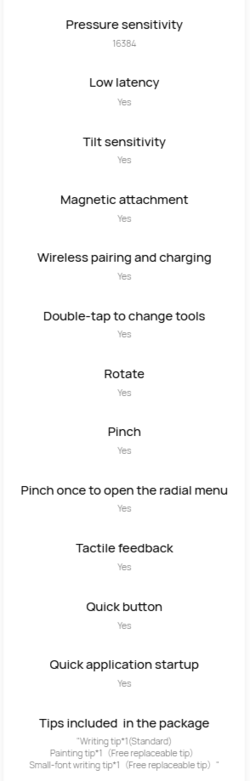 Huawei fornisce un elenco delle caratteristiche di M-Pencil Pro sul suo sito web.