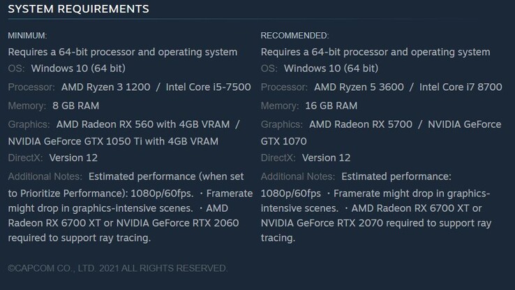 Requisiti di sistema di Resident Evil Village. (Fonte: Steam)