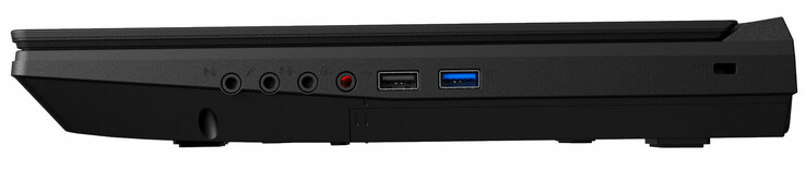 A destra: ingresso linea, ingresso microfono, uscita linea, audio 2-in-1 (cuffie + ottica S/PDIF), USB 2.0 tipo A, USB 3.1 Gen 1 tipo A, blocco cavo