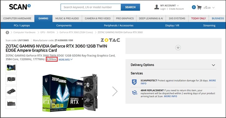 Scheda Zotac GeForce RTX 3060 a 299 euro. (Fonte immagine: Scan)