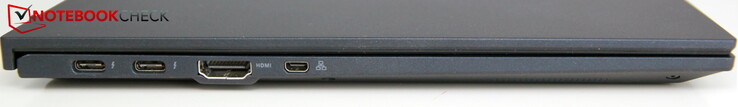 Lato sinistro: due porte USB-C 3.2 Gen2 con Thunderbolt 4, porta HDMI, porta microHDMI (LAN tramite un adattatore microHDMI-to-RJ45)