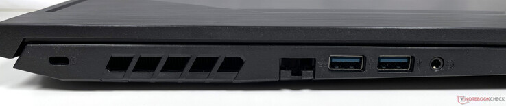 Lato sinistro: Slot di sicurezza Kensington, porta Gigabit Ethernet, due porte USB 3.2 Gen 1 Type-A, jack combinato per cuffie/microfono