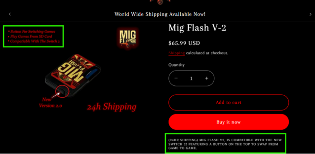 migflashunited.com dichiara la compatibilità con lo Switch 2 in due punti diversi della sua pagina del prodotto, nonostante altri siti non facciano alcuna dichiarazione in tal senso (Fonte: migflashunited.com)