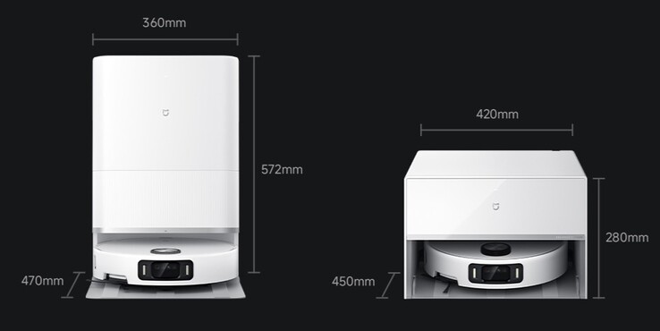Le misure dello Xiaomi Mijia Robot Vacuum Mop 5 Pro Water Tank Edition (a sinistra) e della versione con acqua e scarico (a destra). (Fonte immagine: Xiaomi)
