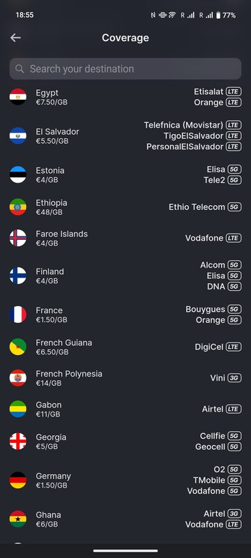 L'elenco dei Paesi non mostra solo il prezzo di Ycoin per GB, ma anche il fornitore di servizi locale e lo standard di rete.