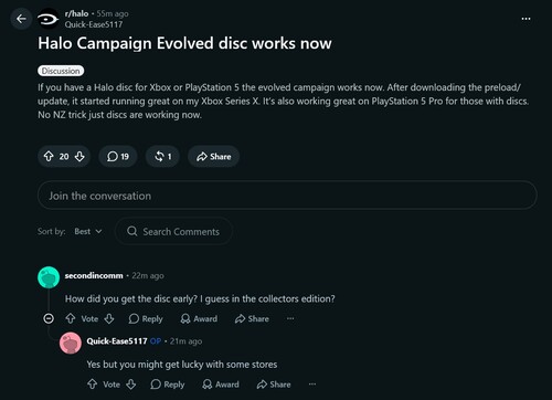 Commenti su Reddit relativi ai dischi giocabili di Halo: Campaign Evolved