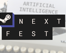 Nella foto - il logo di Steam Next Fest sopra un'immagine con un typerwiter e il testo "Intelligenza Artificiale" sulla carta.