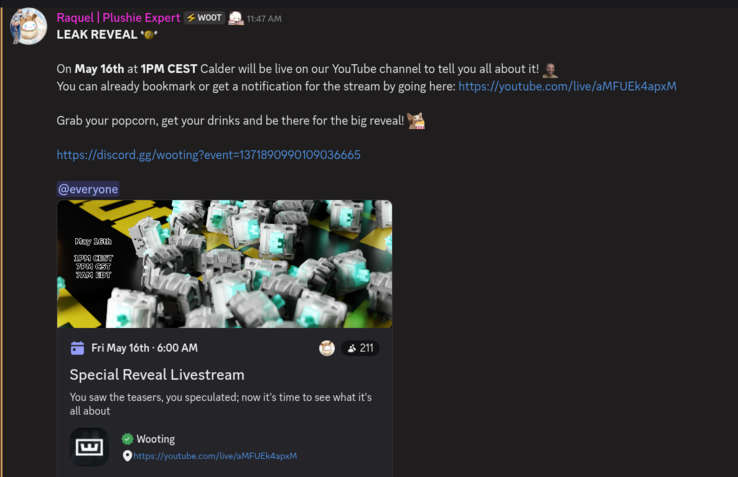 Annuncio di Wooting Discord per il lancio del livestream del 16 maggio
