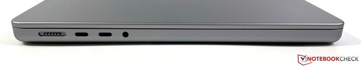 Lato sinistro: MagSafe 3, 2x USB-C con Thunderbolt 4 (40 Gbps, USB-4, DisplayPort, Power Delivery), cuffie da 3,5 mm