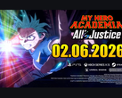 Immagine chiave di My Hero Academia: All'All's Justice mostra Izuku Midoriya che si protende in avanti con effetti di energia incandescente e la data di uscita 02 giugno 2026. (Fonte: YouTube)