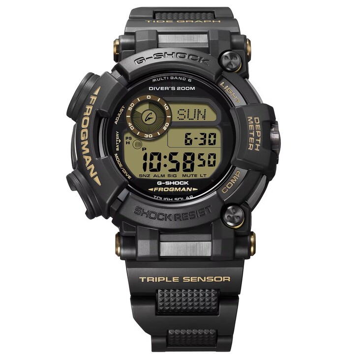 Casio G-Shock Frogman GWF-D1000BC-1JF con cassa interamente nera, dettagli color cuoio e cinturino in materiale composito di metallo e resina.