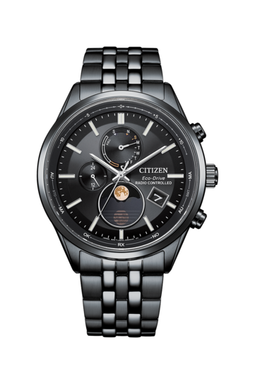 Orologio Citizen BY1035-56E Eco-Drive con fasi lunari, dotato di cassa e bracciale in acciaio inossidabile interamente neri, quadrante nero, indicatore analogico delle fasi lunari, doppio quadrante ausiliario e datario.