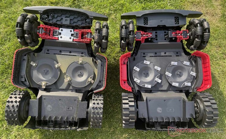 Il Dreame A3 AWD Pro (a sinistra) presenta una sospensione anteriore più robusta, mentre il Mova LiDAX Ultra AWD (a destra) dispone di un numero di pale doppio rispetto al primo