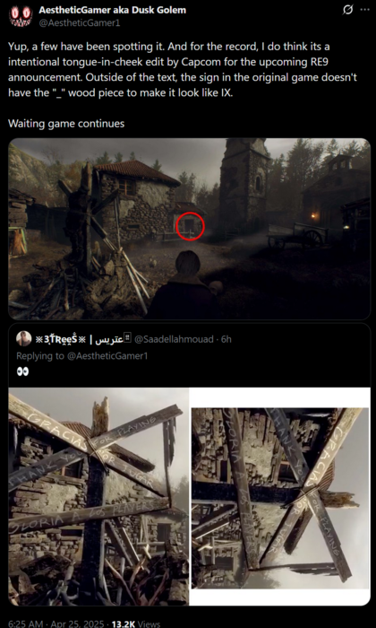 Dusk Golem Resident Evil 9 commenta su X (Fonte immagine: AestheticGamer aka Dusk Golem X account)