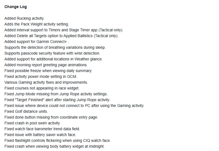 Le note di rilascio della versione 9.20 per lo smartwatch Garmin Instinct 3 AMOLED. (Fonte: Garmin)