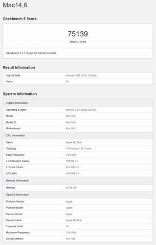 MacBook Pro 16 con M2 Max in Geekbench OpenCL. (Fonte: Geekbench)