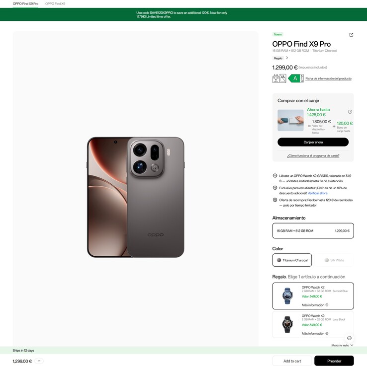 In Spagna, gli acquirenti ottengono uno sconto di 120 euro su Oppo Find X9 Pro e un Oppo Watch X2 in omaggio.