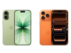 Immagine affiancata dell'iPhone 17 verde con doppia fotocamera e dell'iPhone 17 Pro arancione con tripla fotocamera. (Fonte immagine: Apple)