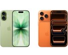 Immagine affiancata dell'iPhone 17 verde con doppia fotocamera e dell'iPhone 17 Pro arancione con tripla fotocamera. (Fonte immagine: Apple)