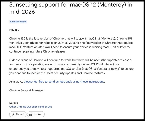 Chrome 150 sarà l'ultima versione di Google Chrome a supportare macOS Monterey.  (Fonte immagine: Google)