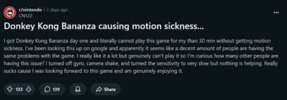 Il post #1 di Reddit sulla cinetosi di Donkey Kong Bananza (Fonte: screenshot, subreddit Nintendo)