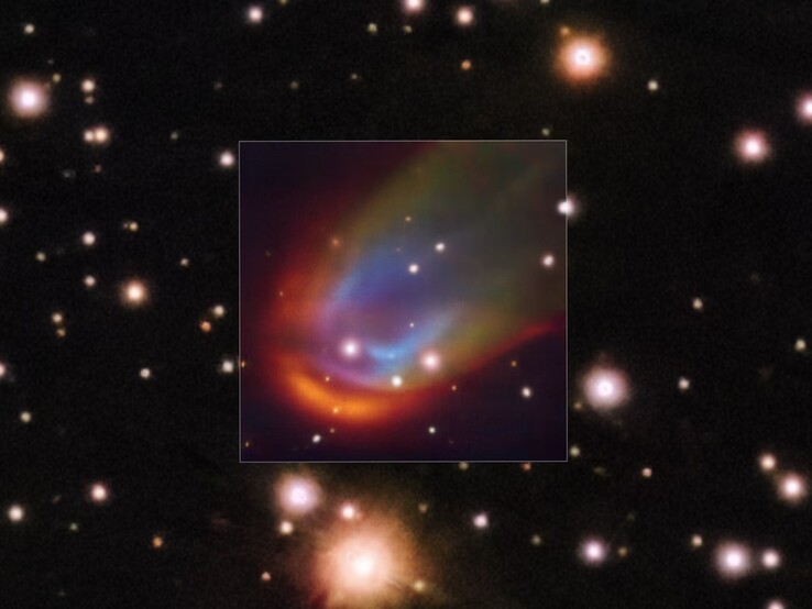 Un'immagine che mostra le onde d'urto intorno alla stella morta RXJ0528+2838. (Fonte dell'immagine:  ESO/K. Iłkiewicz e S. Scaringi et al. Sfondo: PanSTARRS)