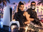 Personaggi di GTA 6 accanto a una PS5 e a un controller DualSense.