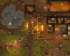 Screenshot di gioco di RimWorld che mostra una colonia sotto attacco, con incendi, animali ed edifici.