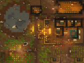 Screenshot di gioco di RimWorld che mostra una colonia sotto attacco, con incendi, animali ed edifici.
