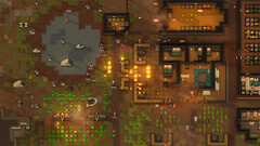 Screenshot di gioco di RimWorld che mostra una colonia sotto attacco, con incendi, animali ed edifici.
